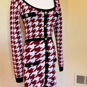 MAJORELLE Red and White Houndstooth Dress